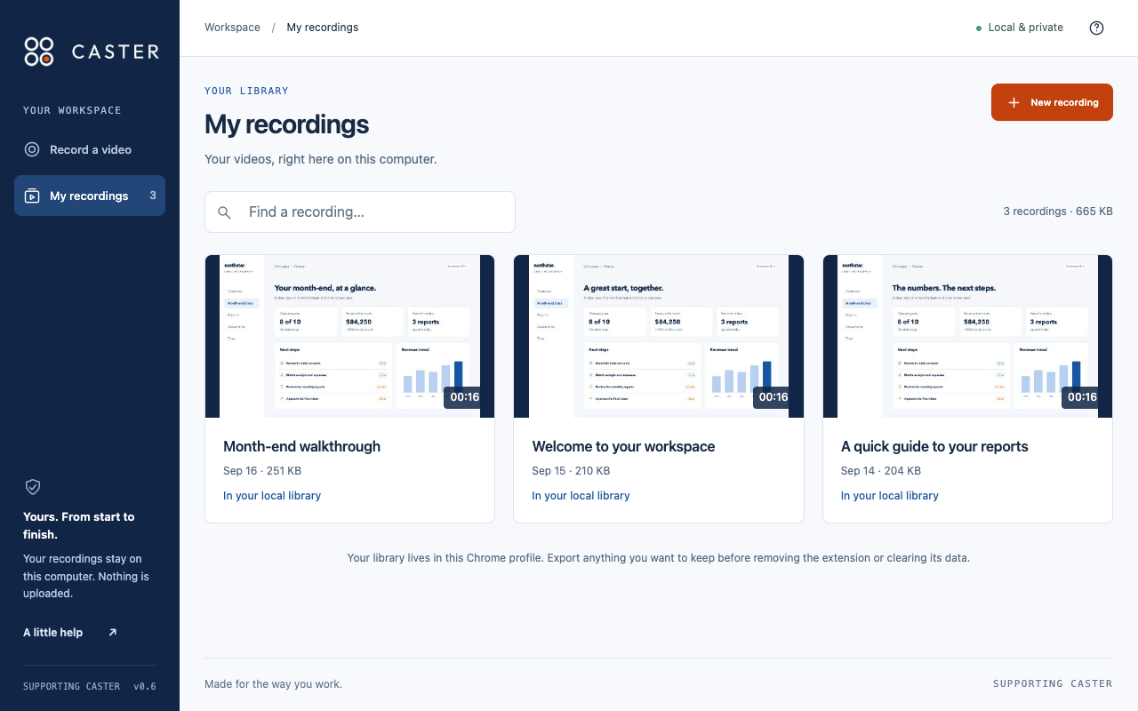 CASTER’s local library with video thumbnails, recording names, and a search field.